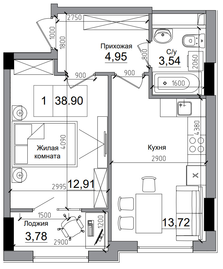 Планировка 1-к квартира площей 38.9м2, AB-11-11/00012.