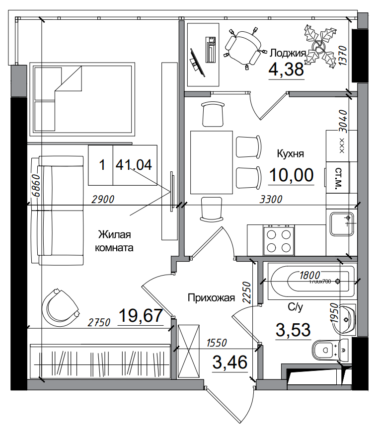 Планировка 1-к квартира площей 41.04м2, AB-14-12/00006.