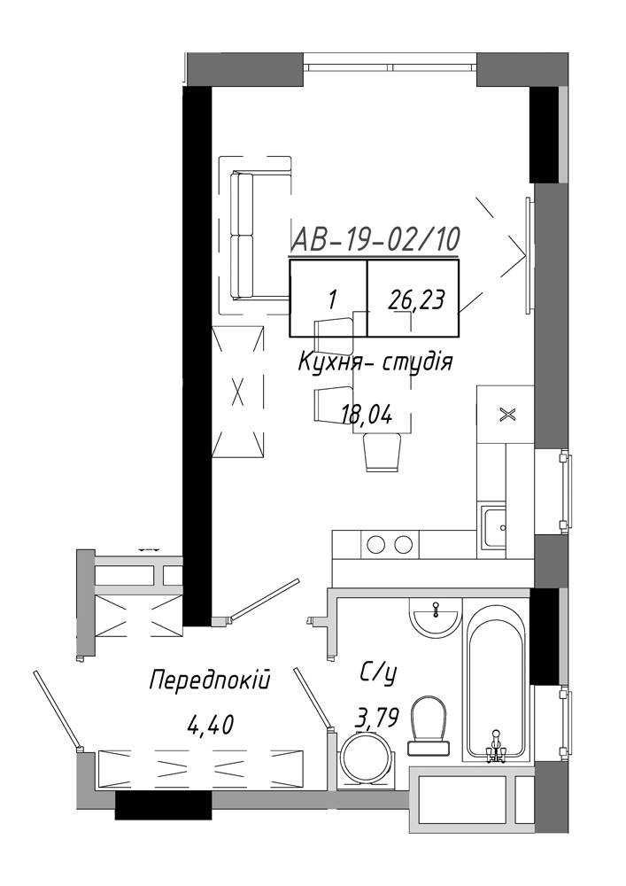 Planning Smart flats area 26.23m2, AB-19-02/00010.