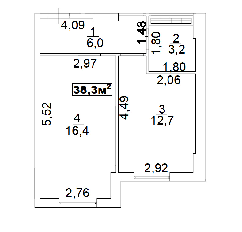 Планування 1-к квартира площею 38.3м2, AB-02-07/00011.
