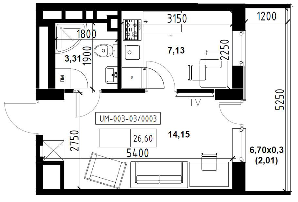 Planning 1-rm flats area 26.6m2, UM-003-03/0003.