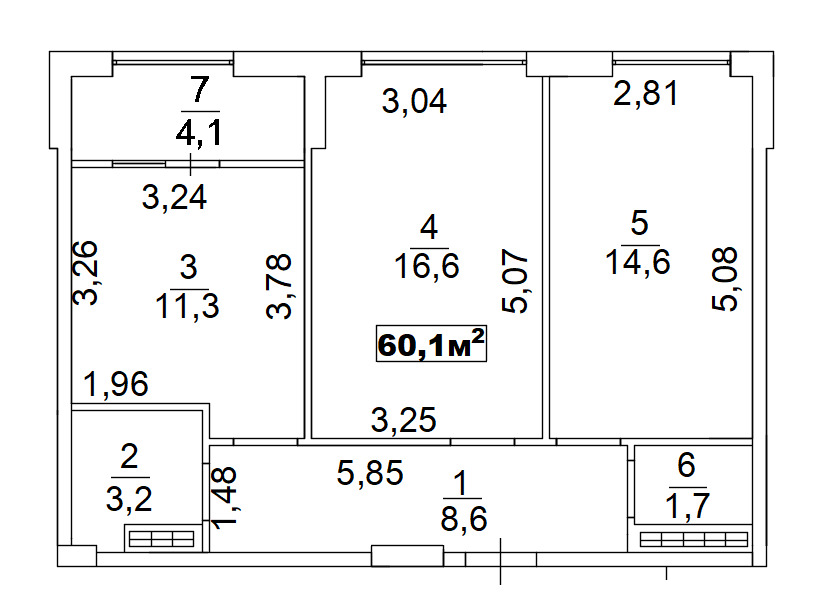 Планировка 2-к квартира площей 60.1м2, AB-03-10/00007.