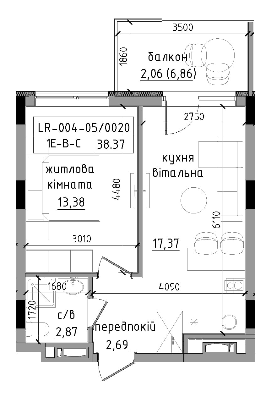 Планировка 1-к квартира площей 38.37м2, LR-004-05/0020.