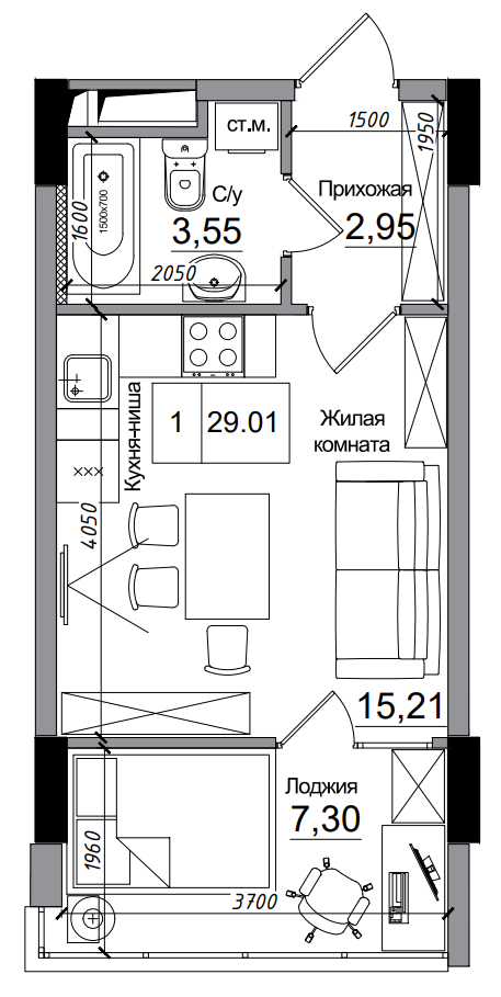 Планування Smart-квартира площею 29.01м2, AB-14-03/00002.