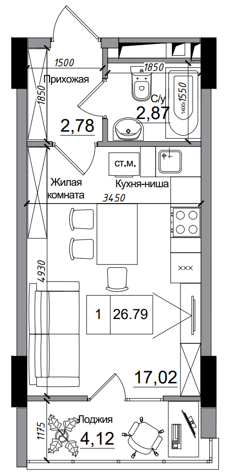 Планування Smart-квартира площею 26.79м2, AB-14-11/00014.
