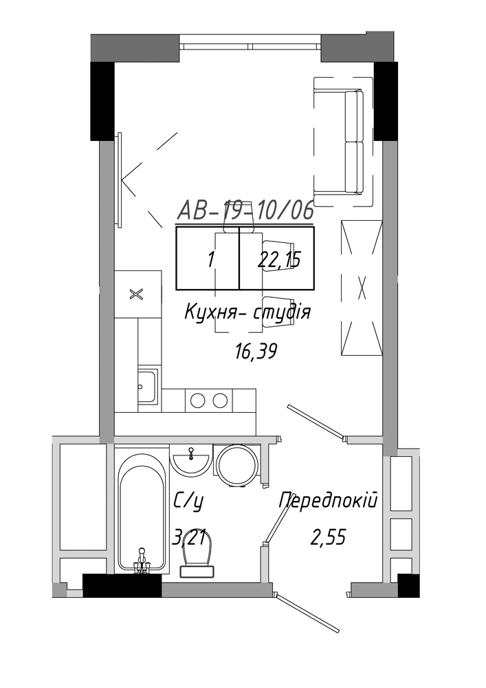 Планування Smart-квартира площею 22.15м2, AB-19-10/00006.