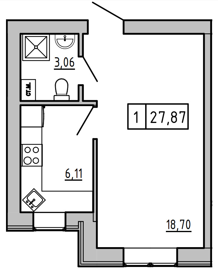 Планування 1-к квартира площею 27.45м2, KS-008-01/0007.