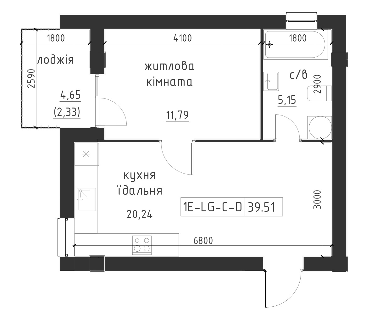 Планировка 2-к квартира площей 39.51м2, LR-002-06/0006.