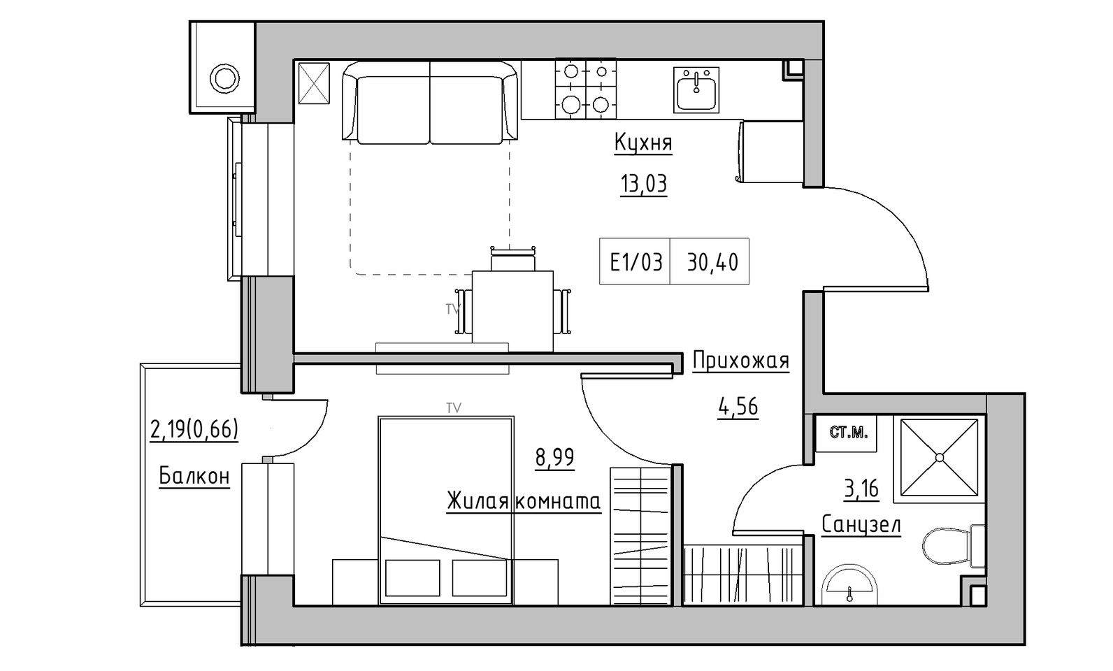 Планировка 1-к квартира площей 30.4м2, KS-014-03/0012.