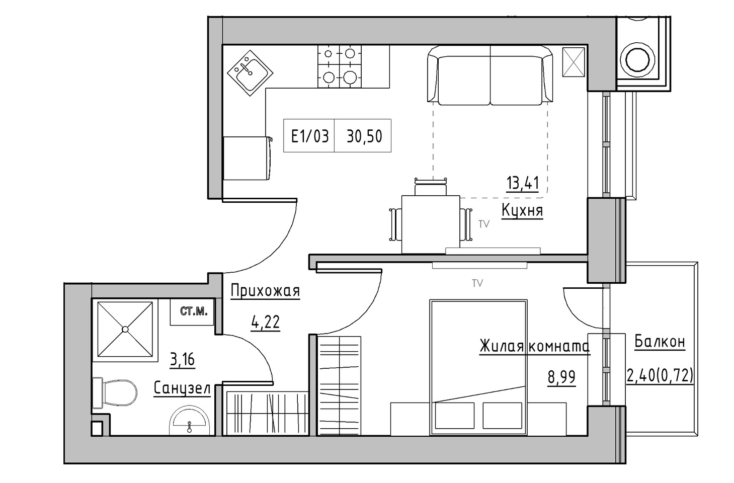 Планировка 1-к квартира площей 29.78м2, KS-005-05/0002.