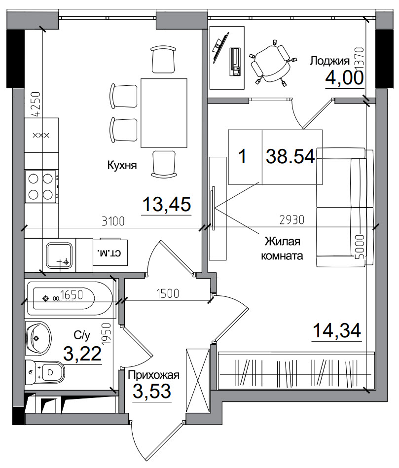 Планування 1-к квартира площею 38.54м2, AB-15-03/00009.
