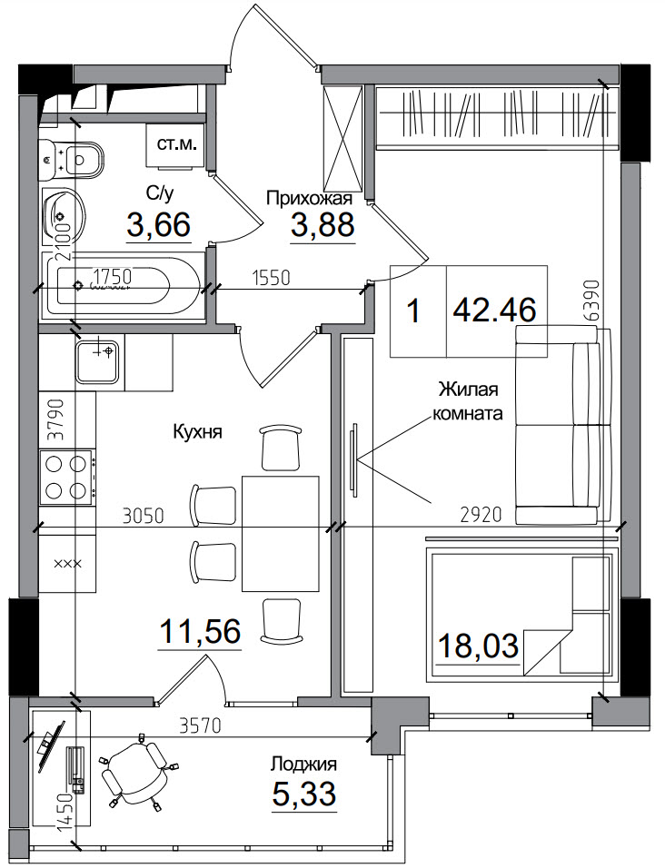 Планировка 2-к квартира площей 42.46м2, AB-15-06/00013.