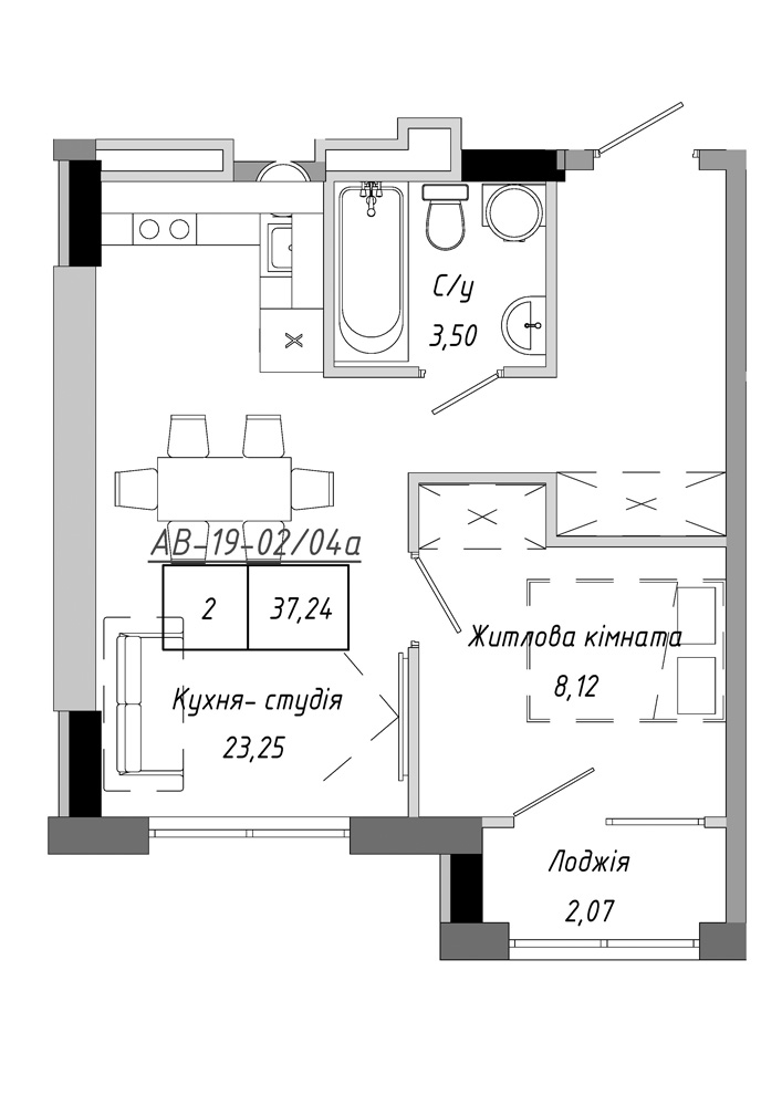 Планировка 1-к квартира площей 37.24м2, AB-19-02/0004а.