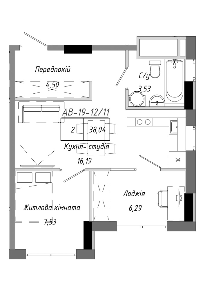 Планування 1-к квартира площею 38.04м2, AB-19-12/00011.