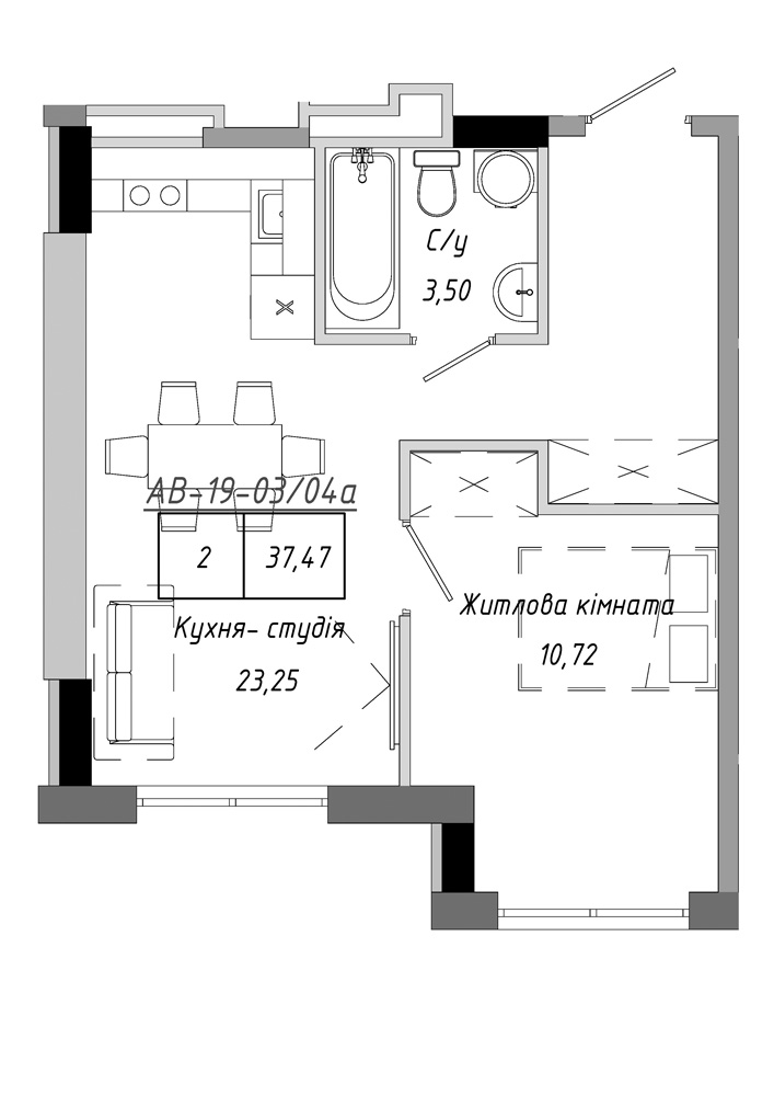 Планировка 1-к квартира площей 37.47м2, AB-19-03/0004а.