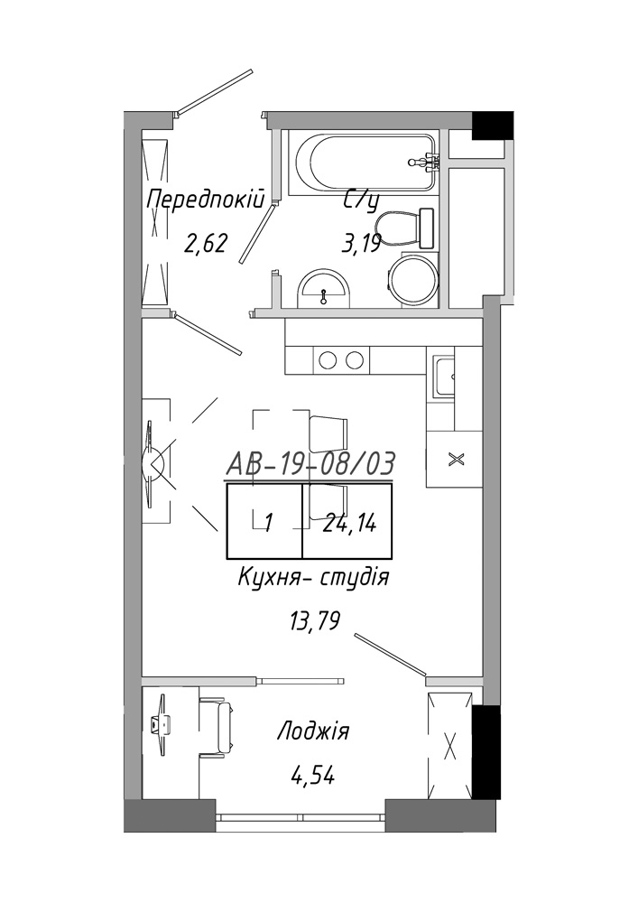 Планування Smart-квартира площею 24.14м2, AB-19-08/00003.