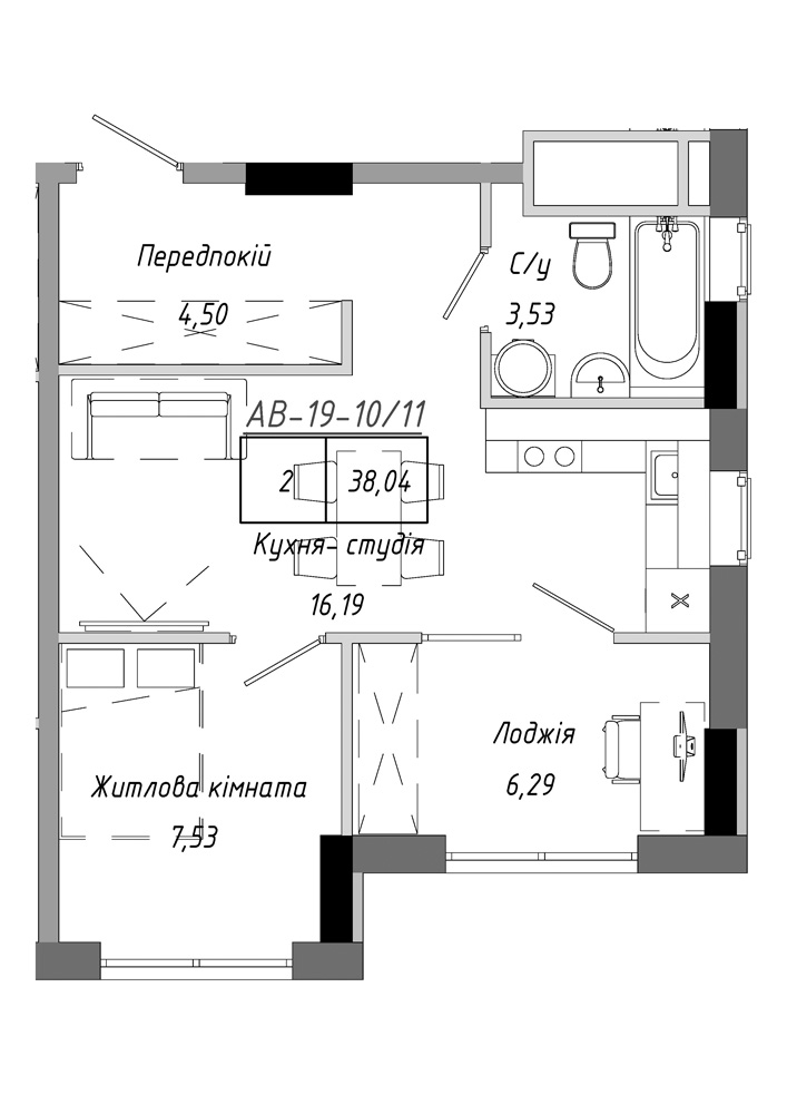 Планування 1-к квартира площею 38.04м2, AB-19-10/00011.