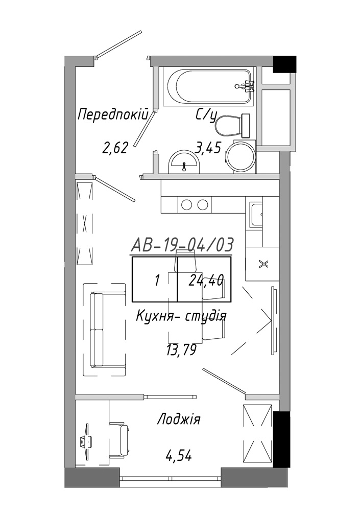 Планування Smart-квартира площею 24.4м2, AB-19-04/00003.