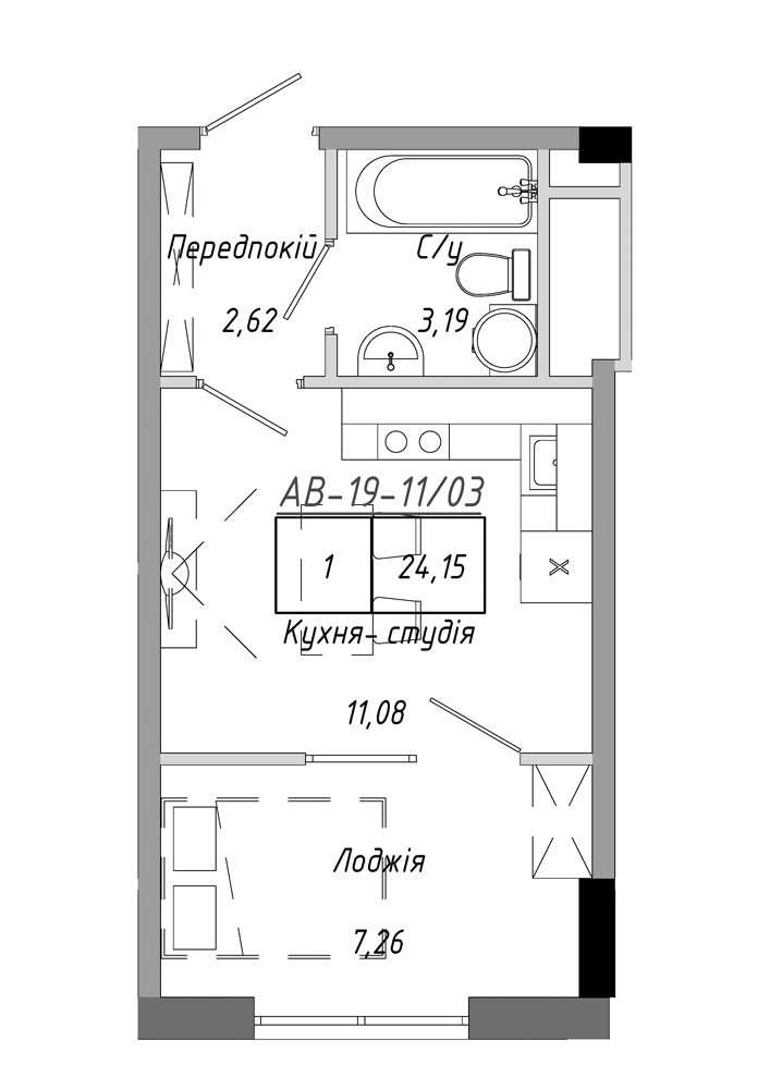 Планировка 1-к квартира площей 24.15м2, AB-19-11/00003.