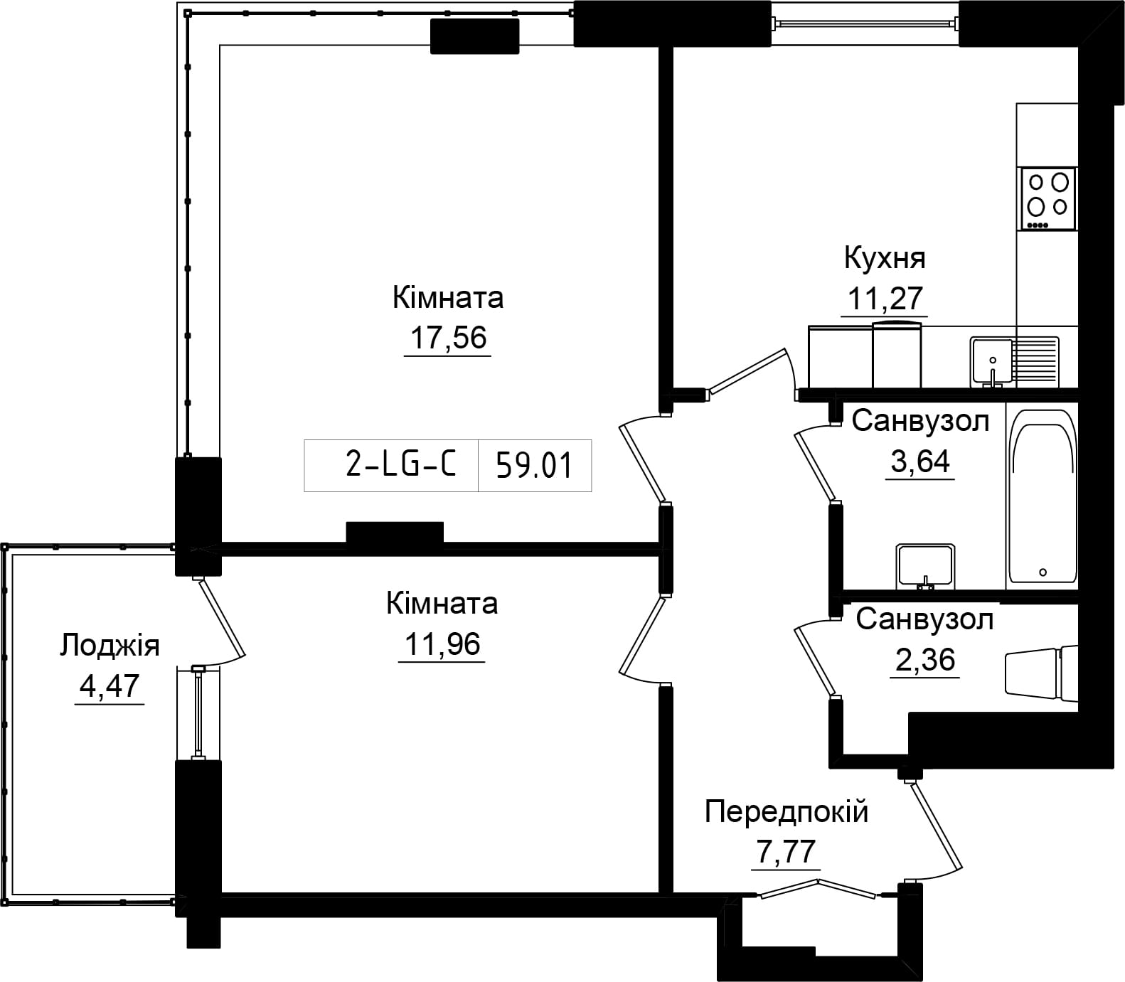 Планування 2-к квартира площею 56.8м2, UR-001-11/0010.