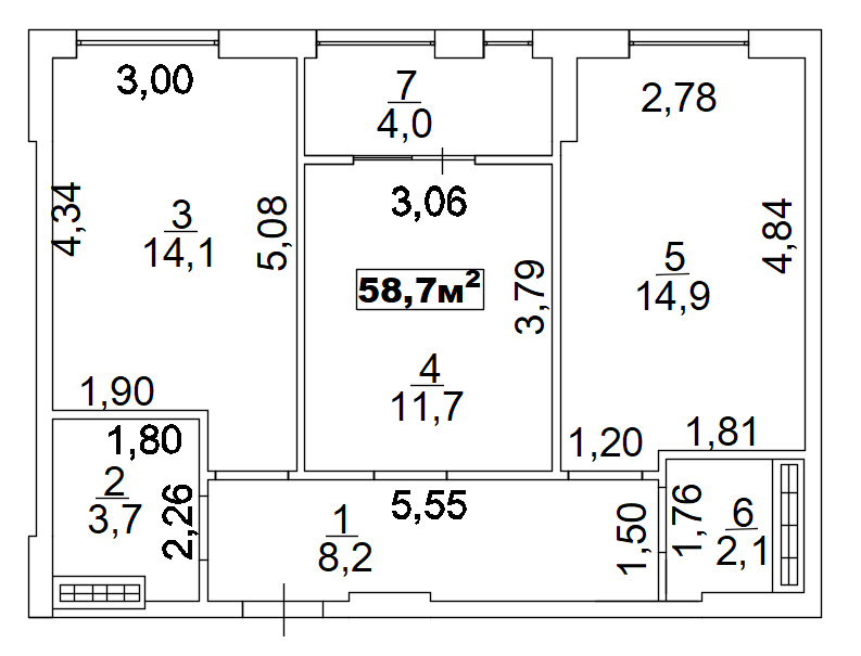 Планировка 2-к квартира площей 58.7м2, AB-02-03/00006.