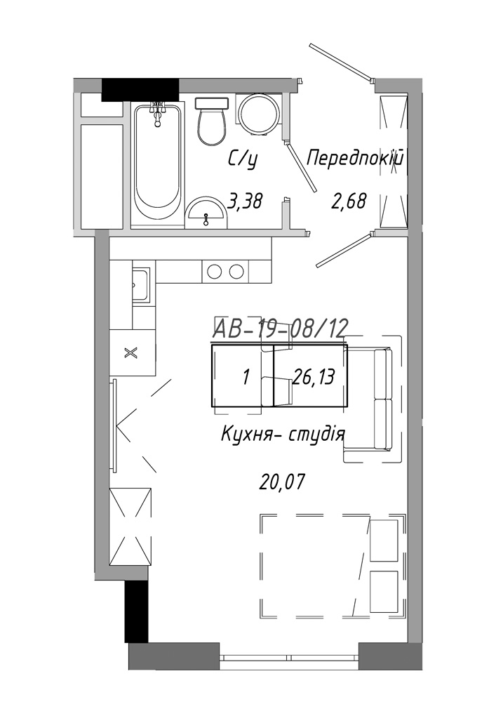 Планировка Smart-квартира площей 26.13м2, AB-19-08/00012.