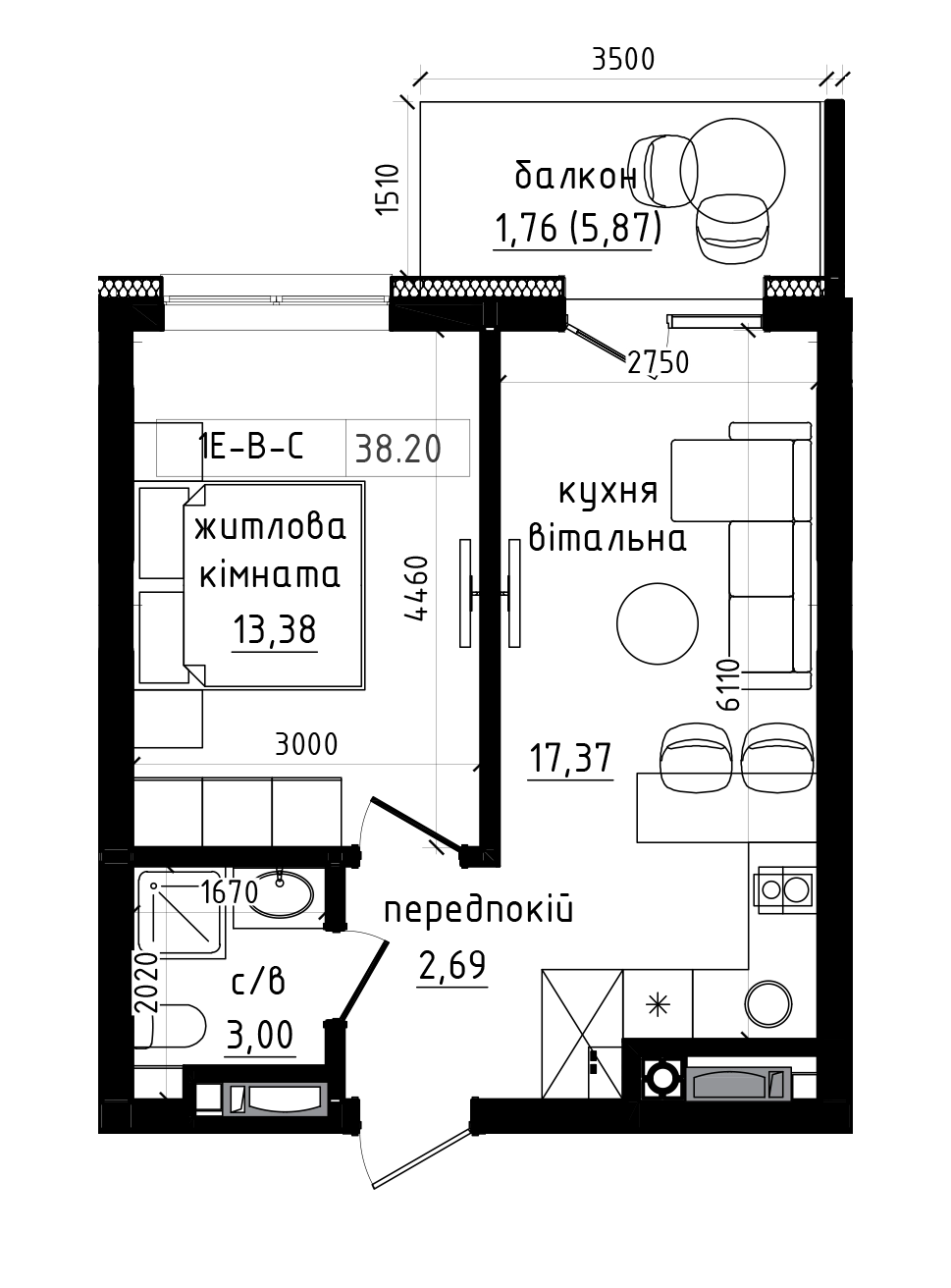 Планировка 1-к квартира площей 38.2м2, LR-004-05/0003.