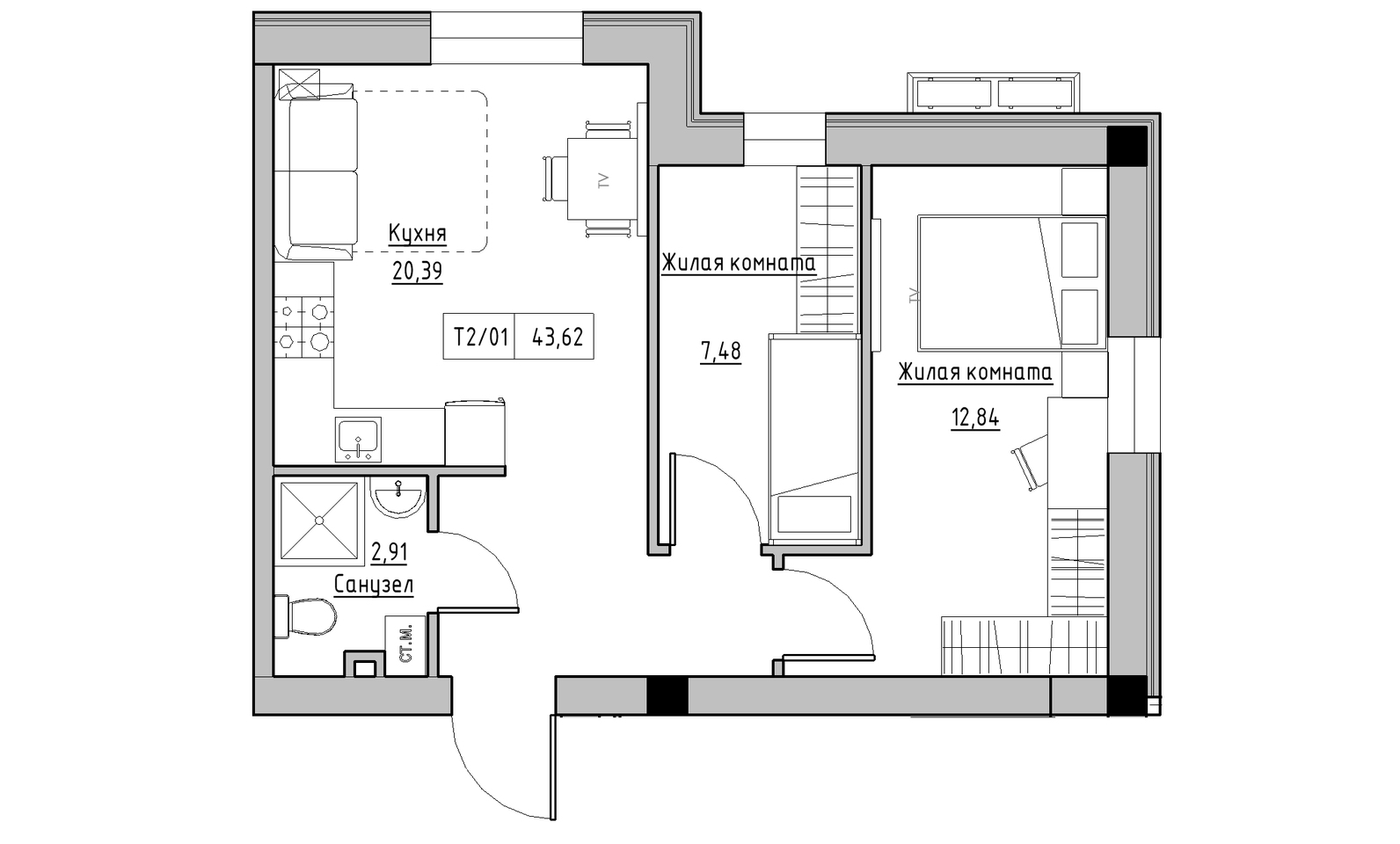 Планировка 2-к квартира площей 43.62м2, KS-014-01/0008.
