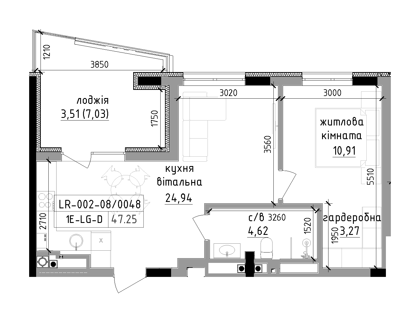 Планировка 1-к квартира площей 47.25м2, LR-002-08/0048.