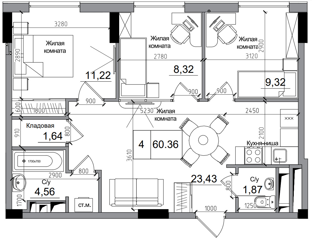 Планування 3-к квартира площею 60.36м2, AB-11-12/00007.