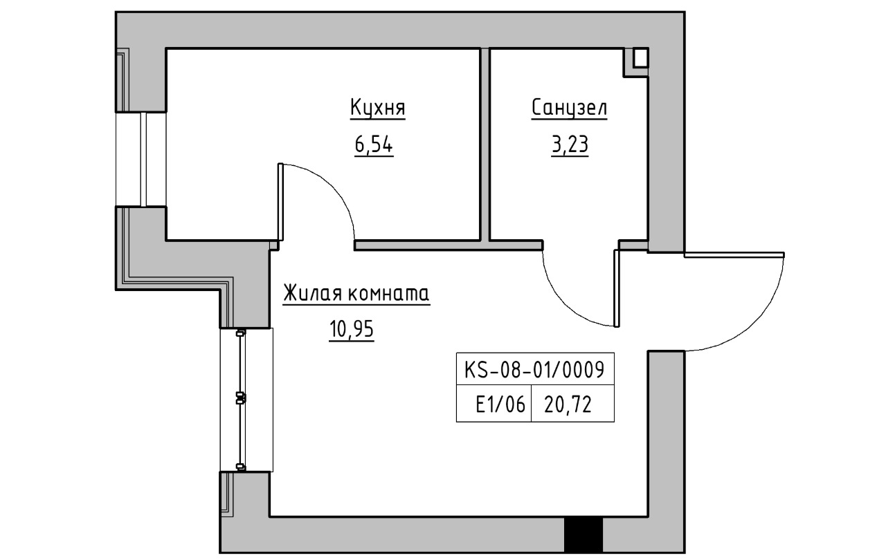 Планировка 1-к квартира площей 20.72м2, KS-008-01/0009.