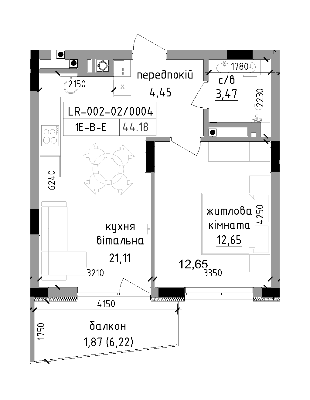 Планировка 1-к квартира площей 44.18м2, LR-002-02/0004.