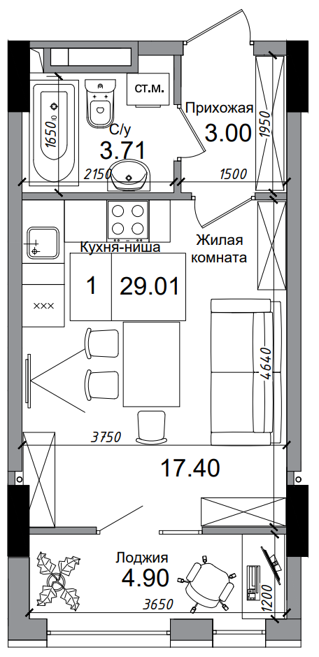 Планування Smart-квартира площею 29.01м2, AB-04-02/00002.