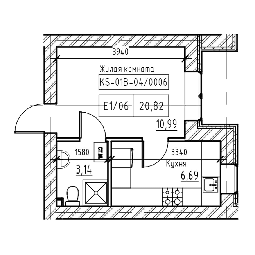 Planning 1-rm flats area 20.82m2, KS-01B-04/0006.