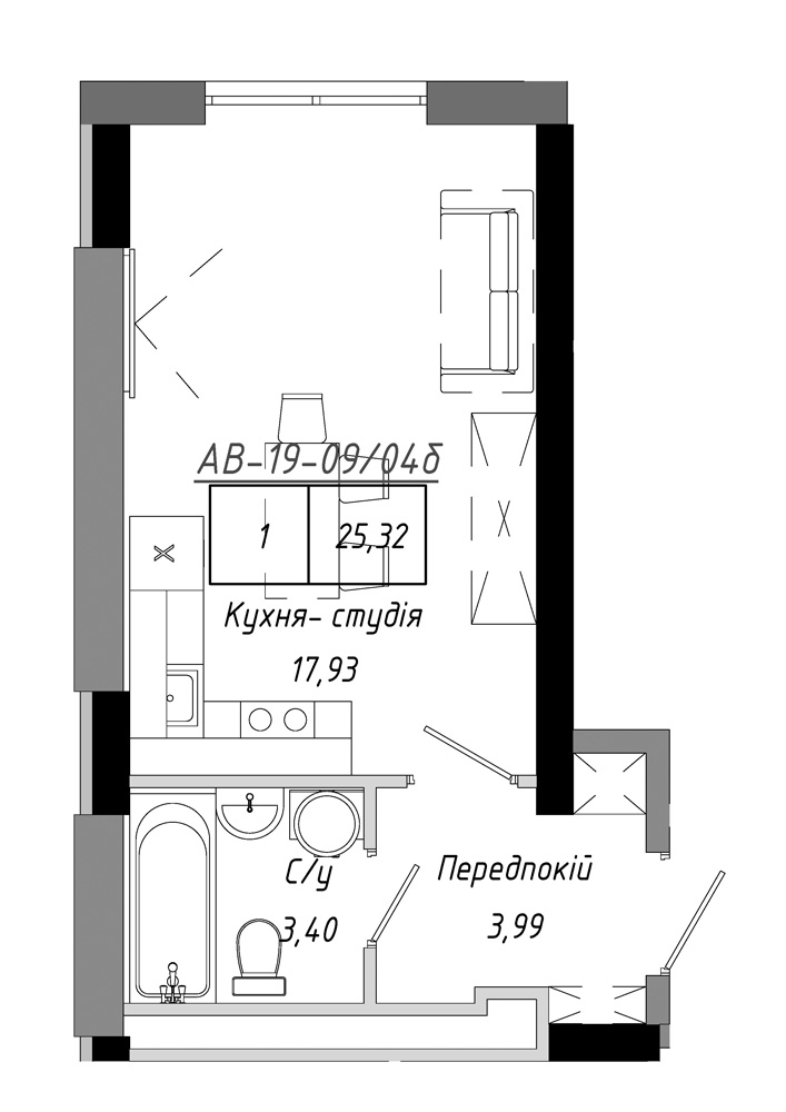 Планування Smart-квартира площею 25.32м2, AB-19-09/0004б.