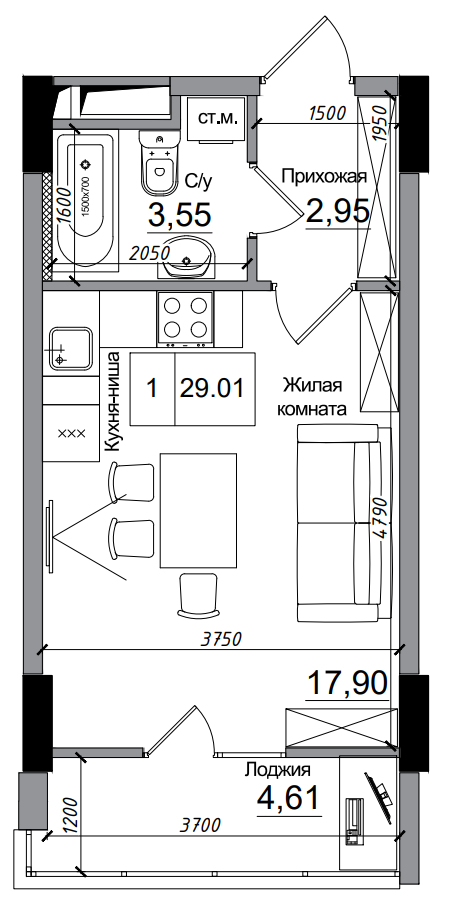 Планування Smart-квартира площею 29.01м2, AB-14-08/00002.