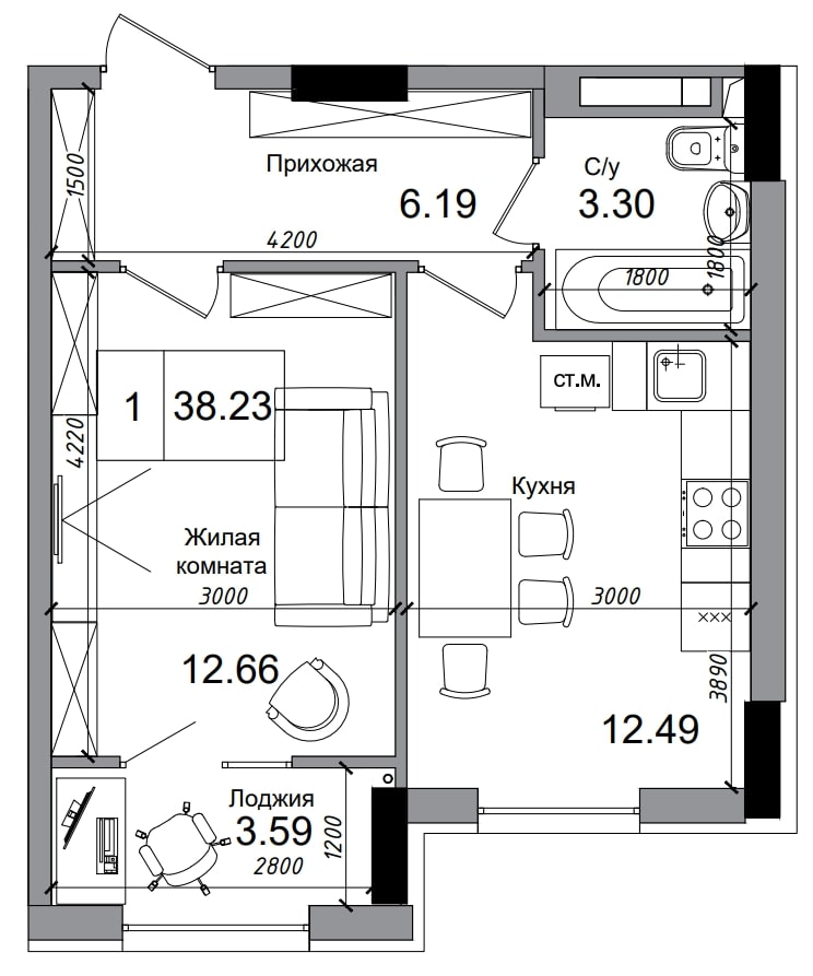 Планування 1-к квартира площею 38.23м2, AB-04-03/00012.
