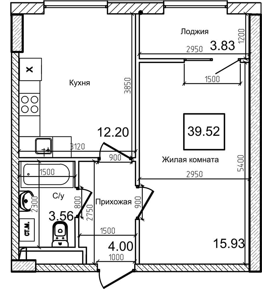 Планування 1-к квартира площею 39.4м2, AB-08-03/00010.