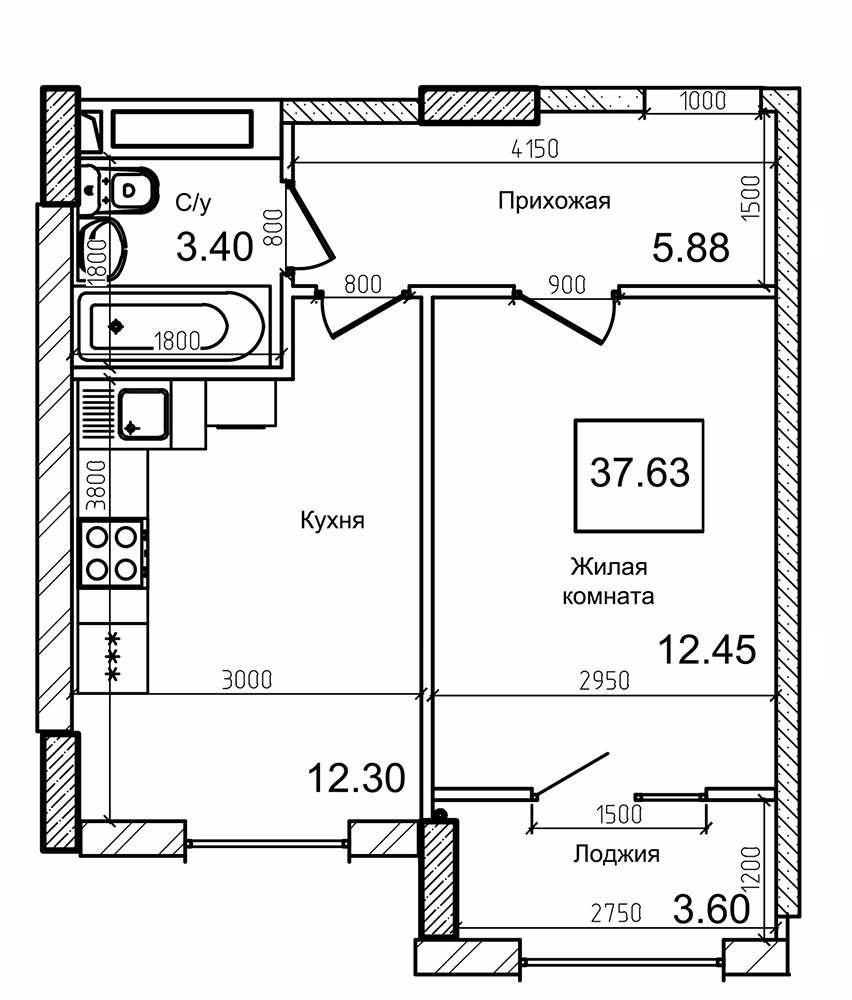 Планировка 1-к квартира площей 37.3м2, AB-09-08/0004а.