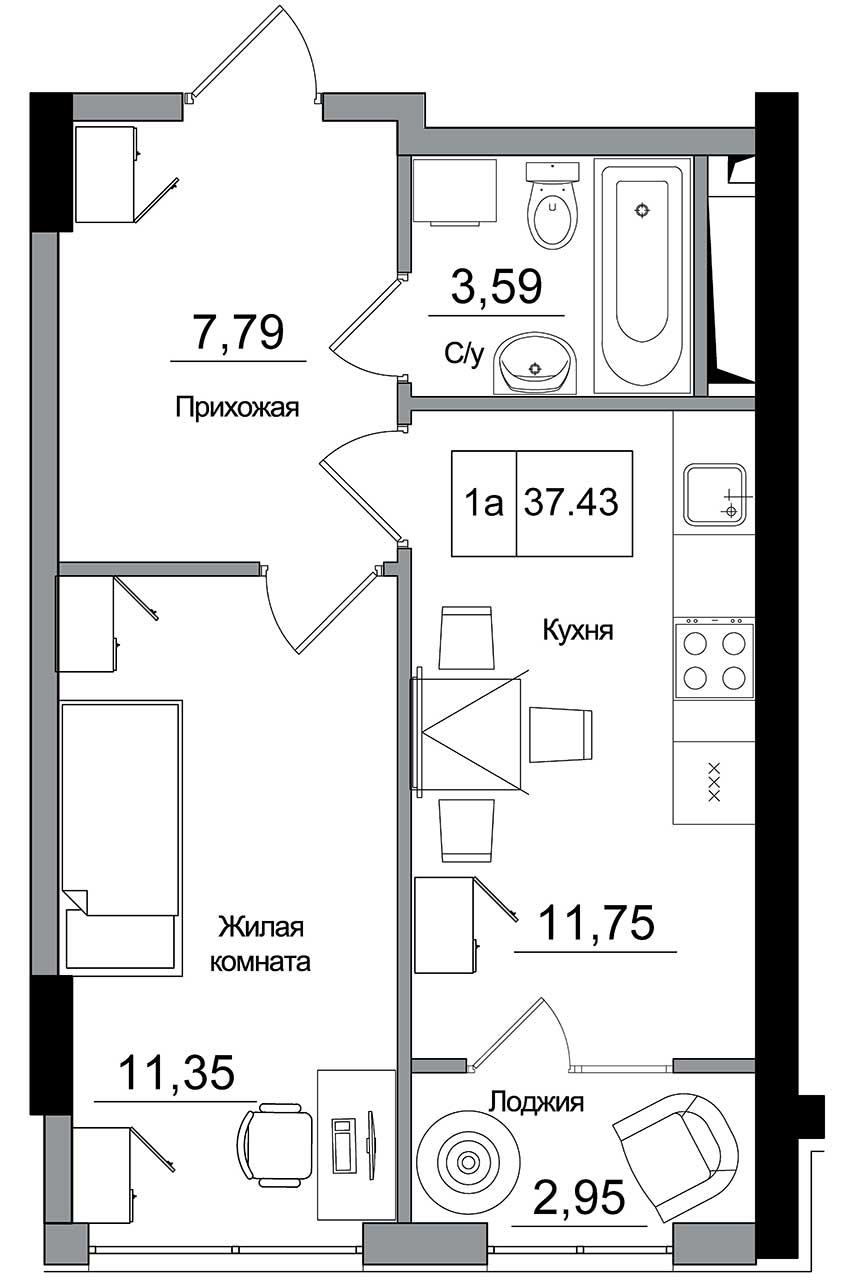 Планировка 1-к квартира площей 37.43м2, AB-16-07/00001.