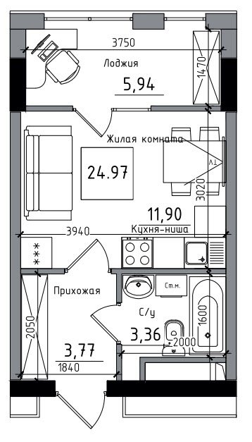 Планування Smart-квартира площею 24.97м2, AB-06-05/00007.