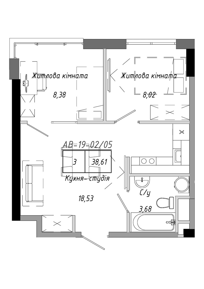 Планировка 2-к квартира площей 38.61м2, AB-19-02/00005.
