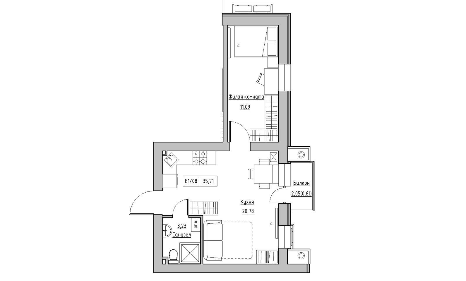 Планировка 1-к квартира площей 35.71м2, KS-014-02/0009.