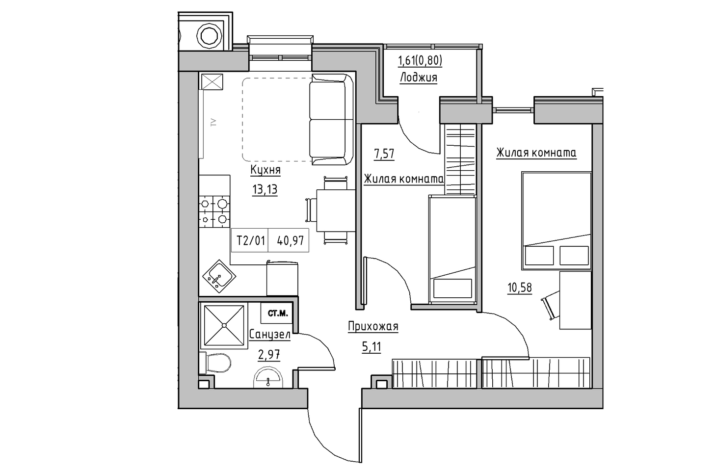 Планування 2-к квартира площею 40.97м2, KS-009-01/0009.