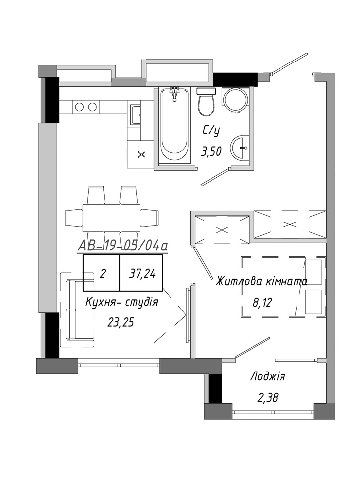 Планування 1-к квартира площею 37.24м2, AB-19-05/0004а.