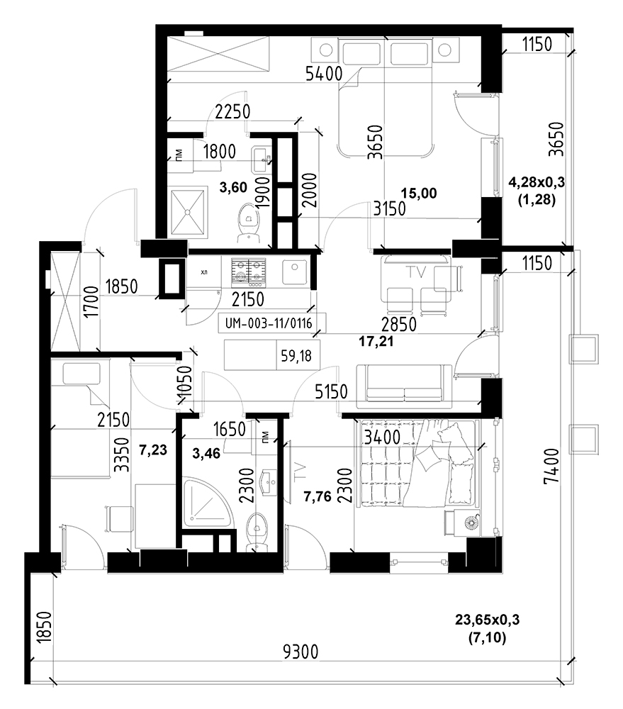 Planning 3-rm flats area 59.18m2, UM-003-11/0116.