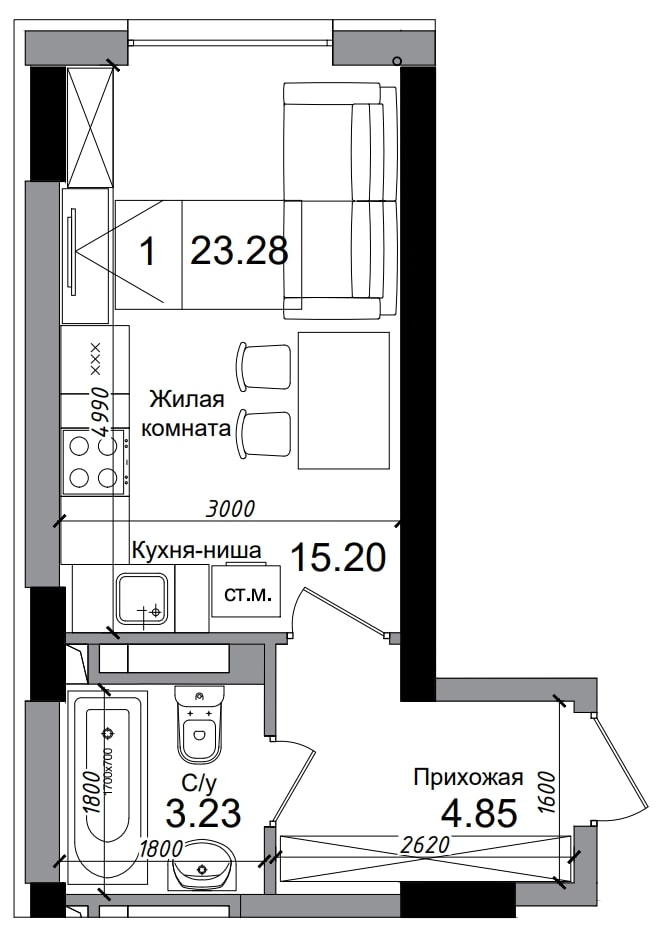 Планування Smart-квартира площею 23.28м2, AB-04-09/00005.