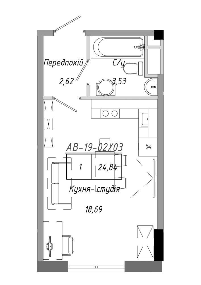 Planning Smart flats area 24.84m2, AB-19-02/00003.