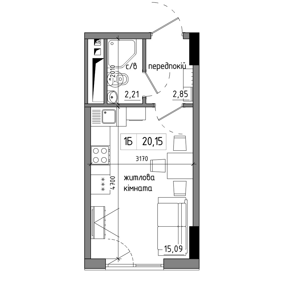Планировка Smart-квартира площей 20.56м2, AB-17-02/00002.