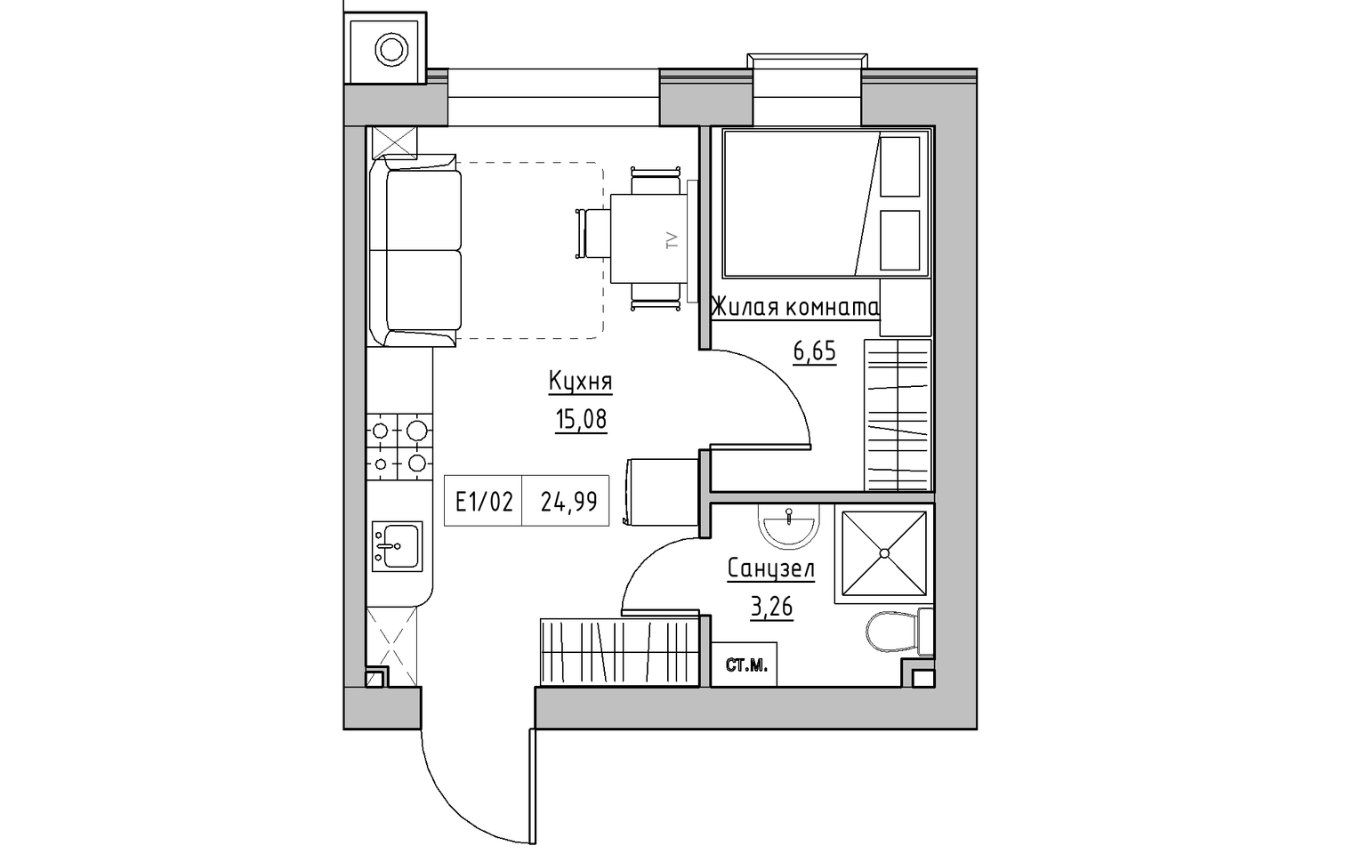 Планування 1-к квартира площею 24.99м2, KS-013-02/0010.
